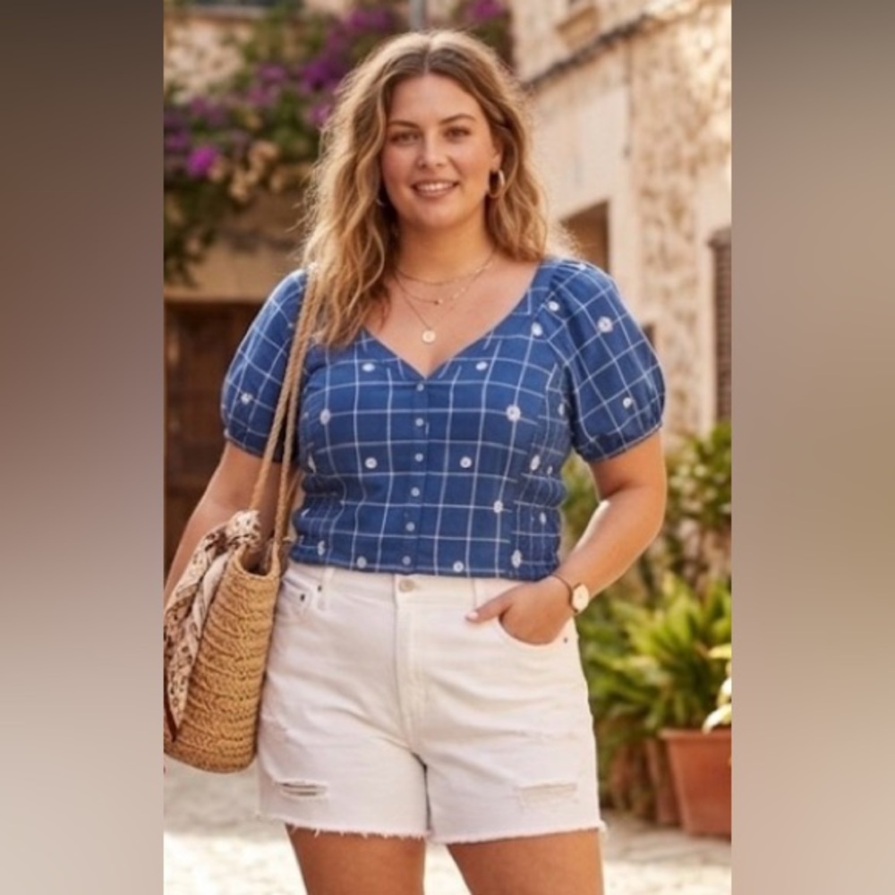 Madewell Embroidered Puff-Sleeve Crop Top Windowpane in Hermitage Blue size 16‎